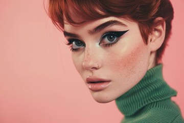 Fototapeta premium Close up of woman with auburn pixie cut, dramatic cat eye makeup and green turtleneck sweater against a pink background, 1960s editorial