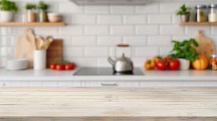 Light Colored Kitchen Countertop with Blurred Background Showcasing Modern Cooking Gadgets and Culinary Accessories