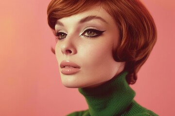 Fototapeta premium Close up of woman with auburn pixie cut, dramatic cat eye makeup and green turtleneck sweater against a pink background, 1960s editorial