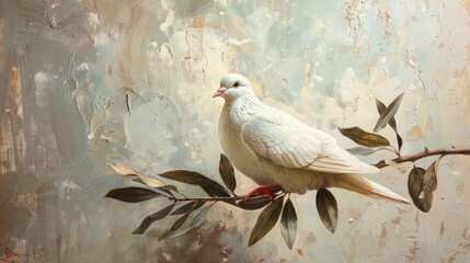 Close-Up of White Dove with Olive Branch, Detailed Textures, Peace Symbol