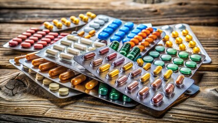 Macro shot of assorted OTC medicine packets and blister packs on a rustic wooden table.