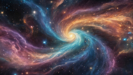 Background and wallpaper design: A spiral-shaped, colorful nebula landscape in cosmic space.