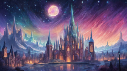 Obraz premium A castle architectural landscape set against a resplendent cosmic backdrop.