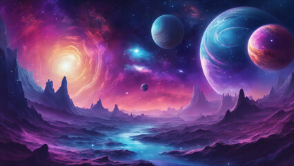 Surreal style cosmic landscape featuring mountains, celestial bodies, and luminous nebulae.