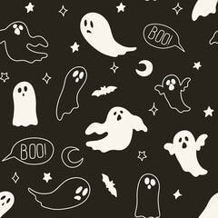 Halloween ghosts mystery cartoon line art seamless pattern, witch craft paper, ghost, boo. black background