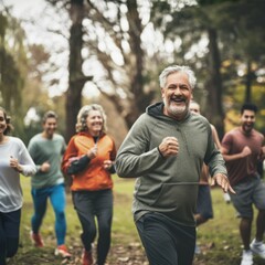 Joyful Group of Middle-Aged Friends Enjoying Sports and Nutrition in a Lively Outdoor Setting