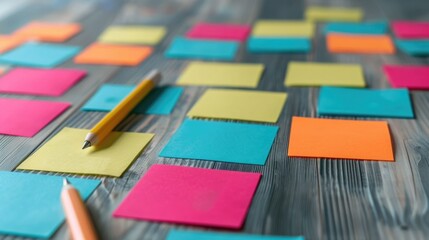 Vibrant array of colorful sticky notes and markers on a wooden table representing an interactive brainstorming session for creative ideas solutions