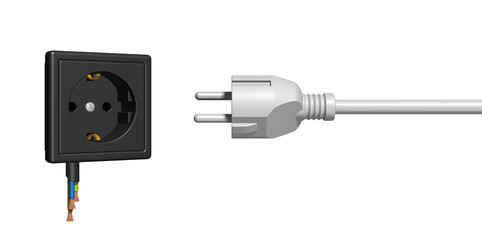 Stromkabel mit Stecker und defekte Steckdose