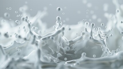 A dynamic splash of milk captured in mid-air, showcasing fluid motion and intricate detail. The image highlights the textures and shapes formed by the liquid splash.