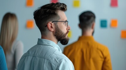 A group of professionals collaborating on an agile project planning session gathered around a Kanban board in a modern office workspace  The team is engaged in a discussion