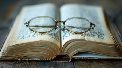 Close-Up of Open Book with Reading Glasses on Top, Detailed Textures, Literacy Theme
