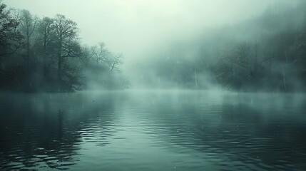 Fototapeta premium Serene foggy lake with still water, surrounded by mist-covered trees. Peaceful and tranquil early morning scene in nature.