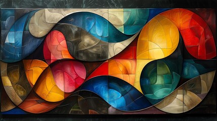 Fototapeta premium Vivid abstract painting with flowing shapes and vibrant colors. Modern geometric art piece featuring bold hues and dynamic patterns.