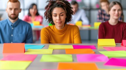 Obraz premium Diverse group of professionals brainstorming and collaborating together during a sticky note session with a focus on problem solving strategy and creative idea in a modern office environment