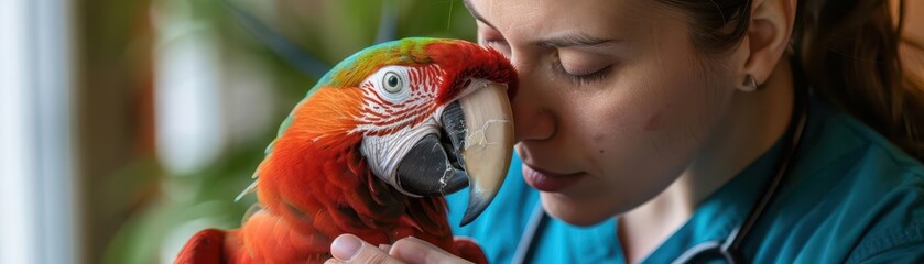 Fototapeta premium A caring interaction between a veterinarian and a colorful parrot, highlighting the bond and compassion in animal care.