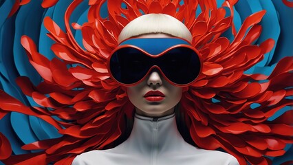 Striking Fashion Model Showcasing Unique Headpiece and Bold Accessories in a Studio Setting