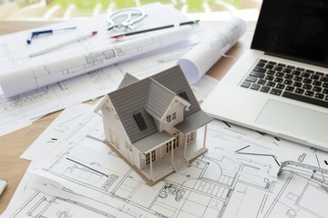 Creative Model House Design Displayed Among Architectural Plans and Technology