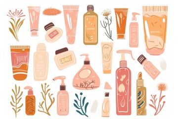 Vibrant Arrangement of Skincare Products Surrounded by Delicate Floral Elements in Soft Pastel Tones