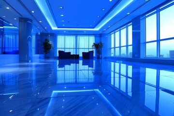 Modern Office with Blue Neon Lights Concept of Advanced Technology Connectivity and Modern Living