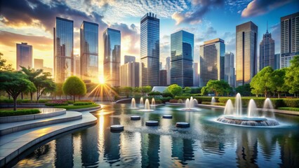 Serenity inducing abstract landscape with calming water features promoting mental health in the workplace amidst chaotic city skyscrapers backdrop.