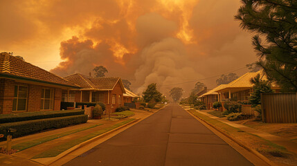 Bushfire smoke billowing into sky behind houses along main street of country town in hunter valley, conveying a sense of danger and emergency