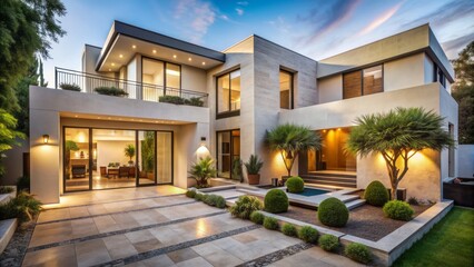 Fototapeta premium Chic contemporary house background with angular lines, stucco walls, and picturesque Mediterranean-style courtyard.