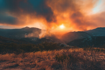Thick smoke rises from a raging wildfire, engulfing the forest landscape in a dense, ominous haze