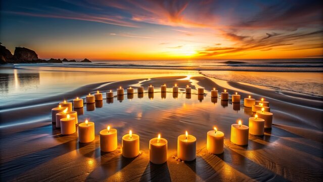 Golden hour landscape of candles forming a unity prayer circle on a tranquil beach at low tide.