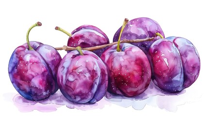Obraz premium Watercolor illustration of a fresh bunch of plums, perfect pastel tone, whimsical style, high resolution, professional create, very detailed, high quality