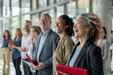 Obraz premium Diverse group of smiling businesspeople standing in a row at a corporate event