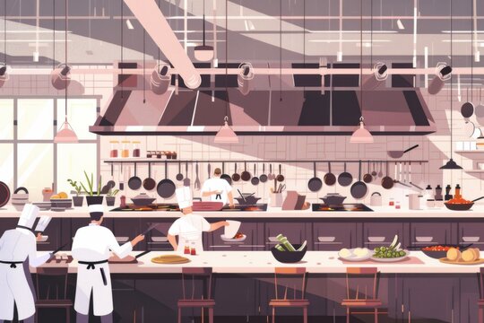 A Bustling Culinary Adventure in a Modern Restaurant Kitchen at Noon