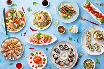 A Vibrant Spread of Exquisite Asian Cuisine Featuring Tiana's Culinary Creations at Sunset