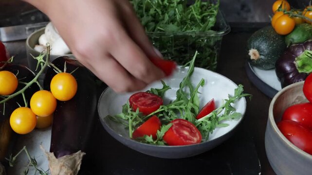 step-by-step process for making tomato and cheese salad in a ceramic bowl