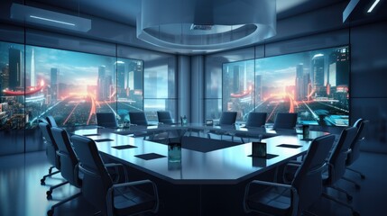 High-tech meeting room with a projector and empty ergonomic chairs