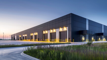 Obraz premium Large modern warehouse with multiple loading docks and garage doors at sunset