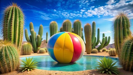 Colorful paradise with a beach ball stuck in a cactus spines creating a humorous vacation atmosphere.