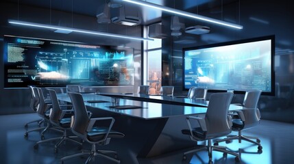 High-tech meeting room with a projector and empty ergonomic chairs