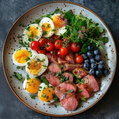 Elegant Plate Featuring Keto Diet with Meat, Eggs, Vegetables, and Berries