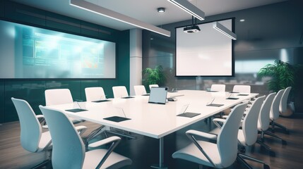 High-tech meeting room with a projector and empty ergonomic chairs