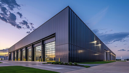 Fototapeta premium Modern warehouse with large steel doors and a sleek exterior at sunset