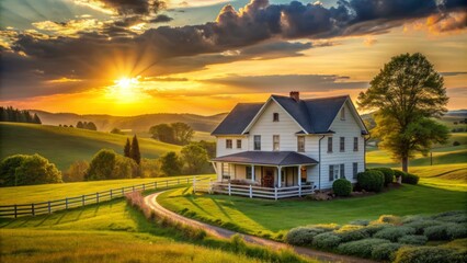 Peaceful country farmhouse surrounded by rolling hills and golden sunset evoking family comfort and simplicity.