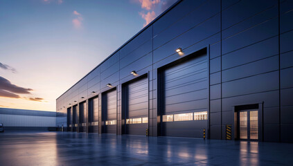 Obraz premium Modern industrial warehouse exterior with large loading doors at sunset