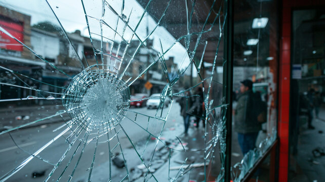Broken glass shop windows close-up symbolizing the destruction and loss caused by criminal mischief and theft.