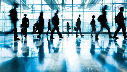 Silhouettes of business people walking in modern office building during busy workday