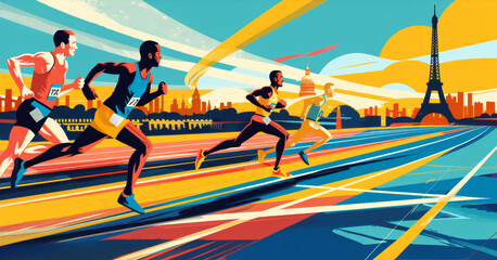 Fototapeta premium Stylized graphic illustration of athletes racing in competition with Paris landmarks