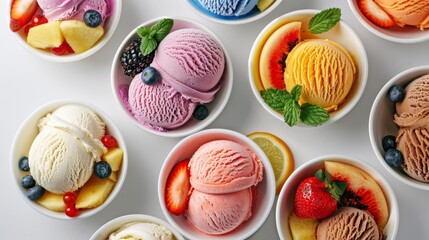 Assorted bowls of colorful ice creams with fresh fruit garnishes, displayed on a white background
