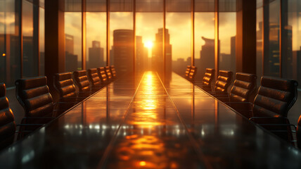 Empty Meeting Room with City Skyline and Sunset