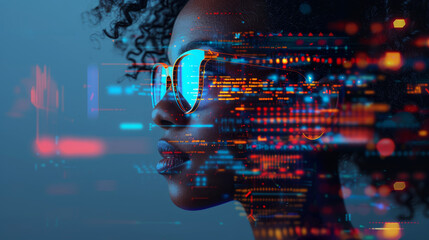 Cyber security concept with African American woman in glasses against a futuristic digital background