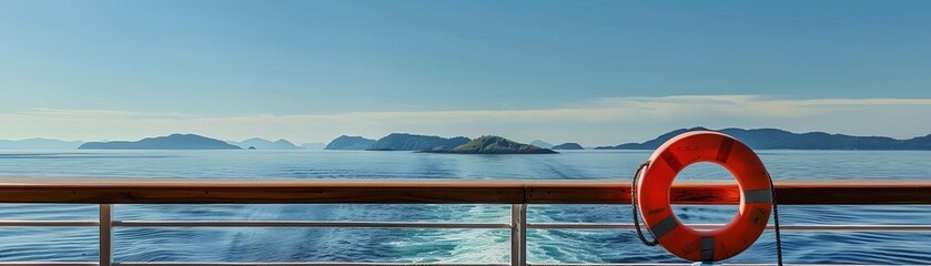 A view from a ferry, looking out towards the sea and distant islands, with a lifebuoy hanging on the railing