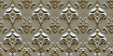 Seamless 3D elements of White, Gray and Golden luxury design Baroque Classical Relief Panel on Wall. Refined Gothic-inspired Stucco Molding With Floral Motifs. A Marble Carving in Late Ottoman Style.